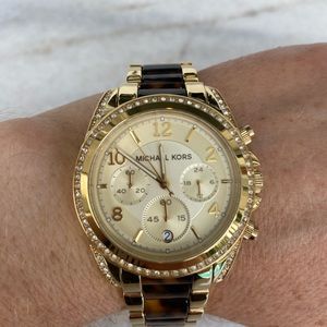 Michael Kors MK-6094 women’s watch gold and tortoiseshell band with pave crystal